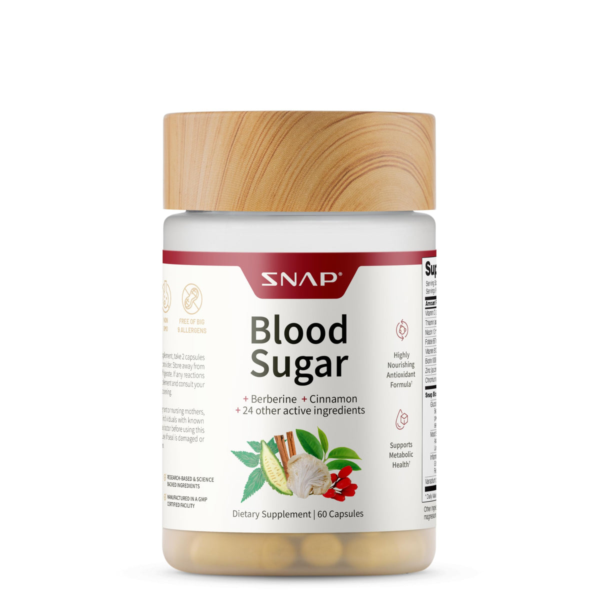 Snap Supplements Blood Sugar Blend bottle front for daily metabolic support.