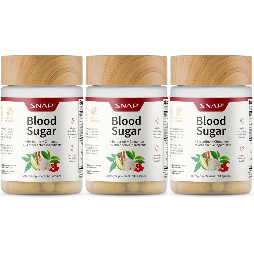 Snap Supplements Blood Sugar Blend bottle with capsules for daily metabolic support.