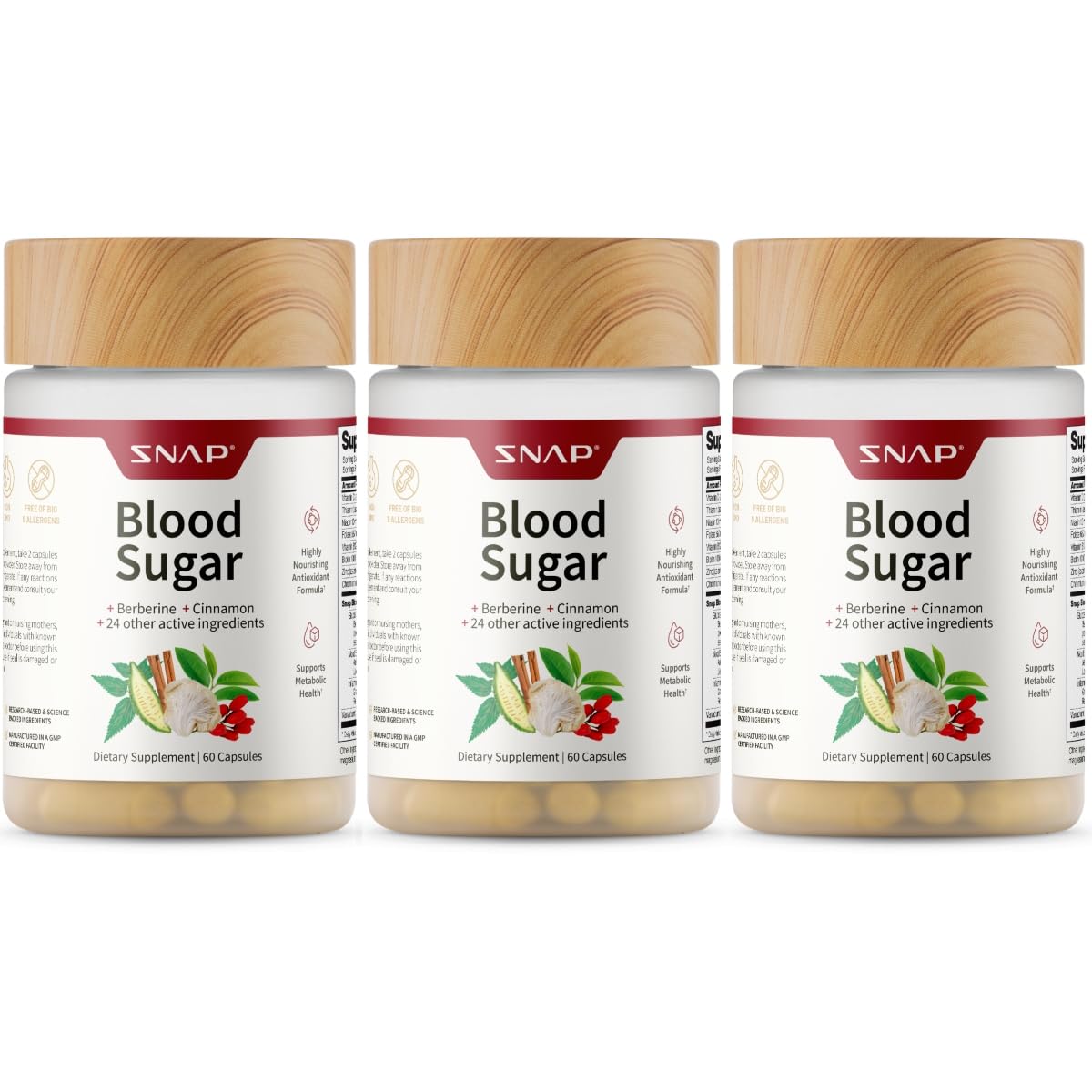 Snap Supplements Blood Sugar Blend bottle with capsules for daily metabolic support.