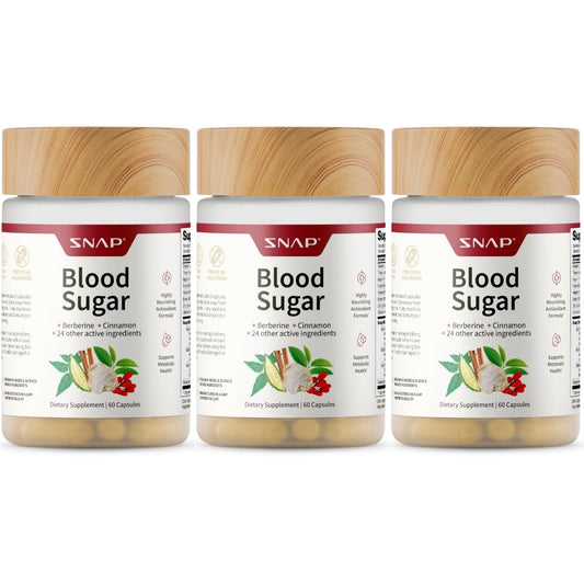 Snap Supplements Blood Sugar Blend bottle with capsules for daily metabolic support.