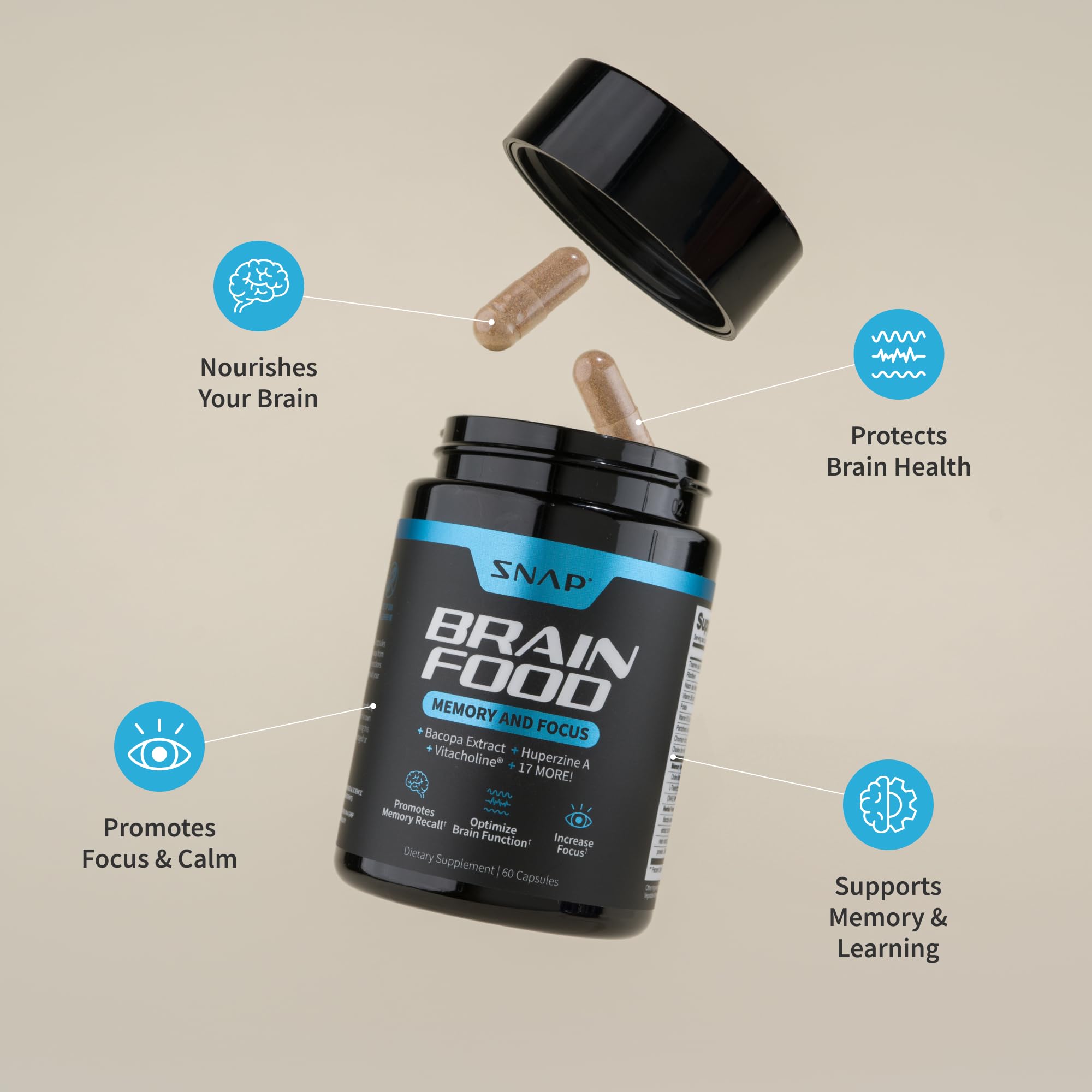 Snap Supplements Brain Booster bottle front view emphasizes compact packaging for a monthly supply.
