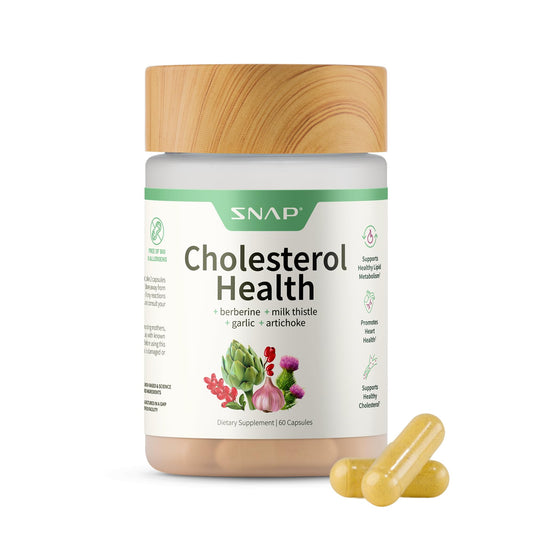 Snap Supplements Cholesterol Health artichoke bottle showing plant-based heart support.