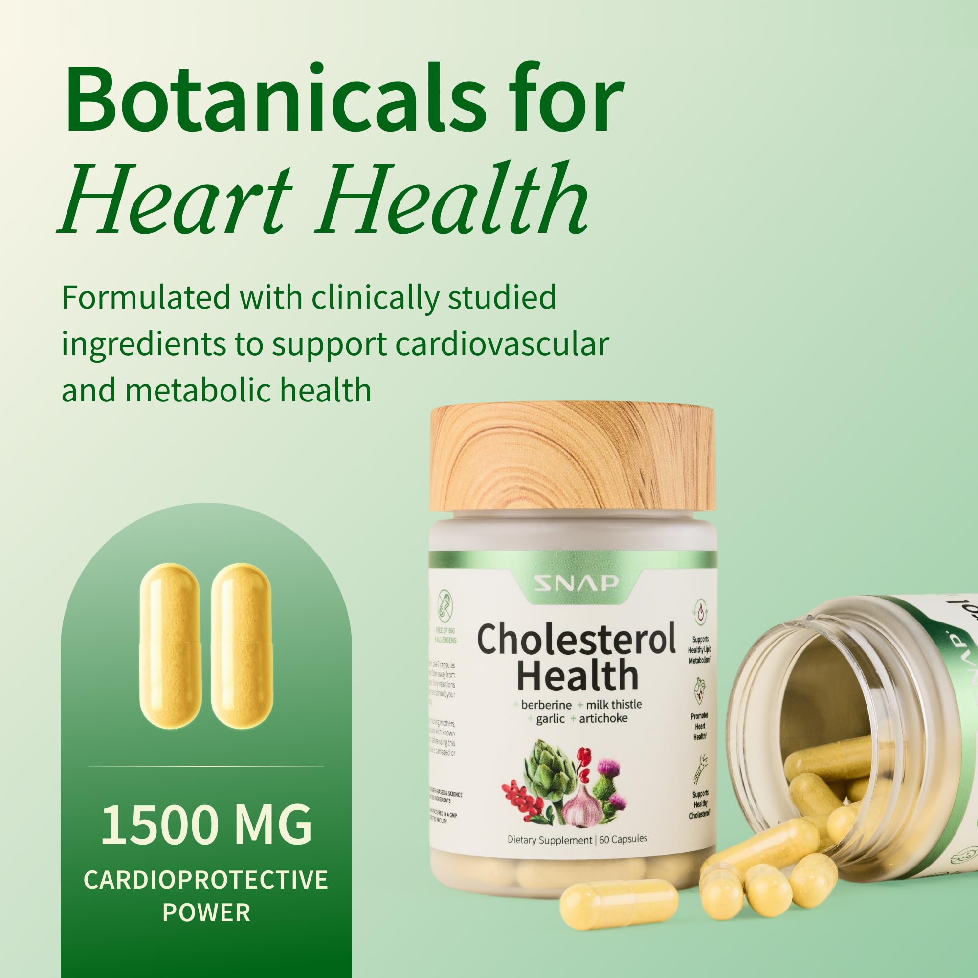 Snap Supplements Cholesterol Health milk thistle garlic capsules promote liver and digestion.