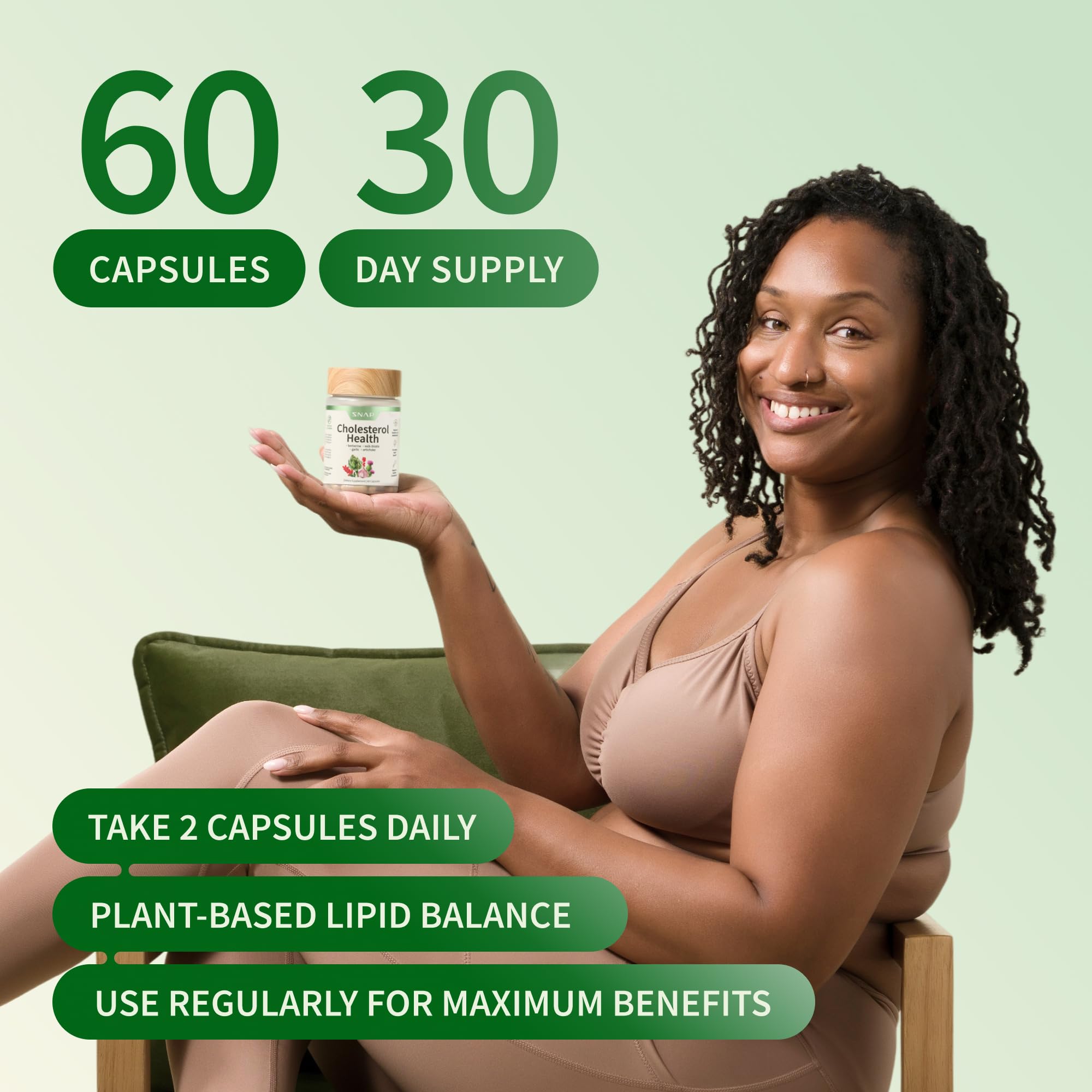 Snap Supplements Cholesterol Health bottle with pills on clean white surface.