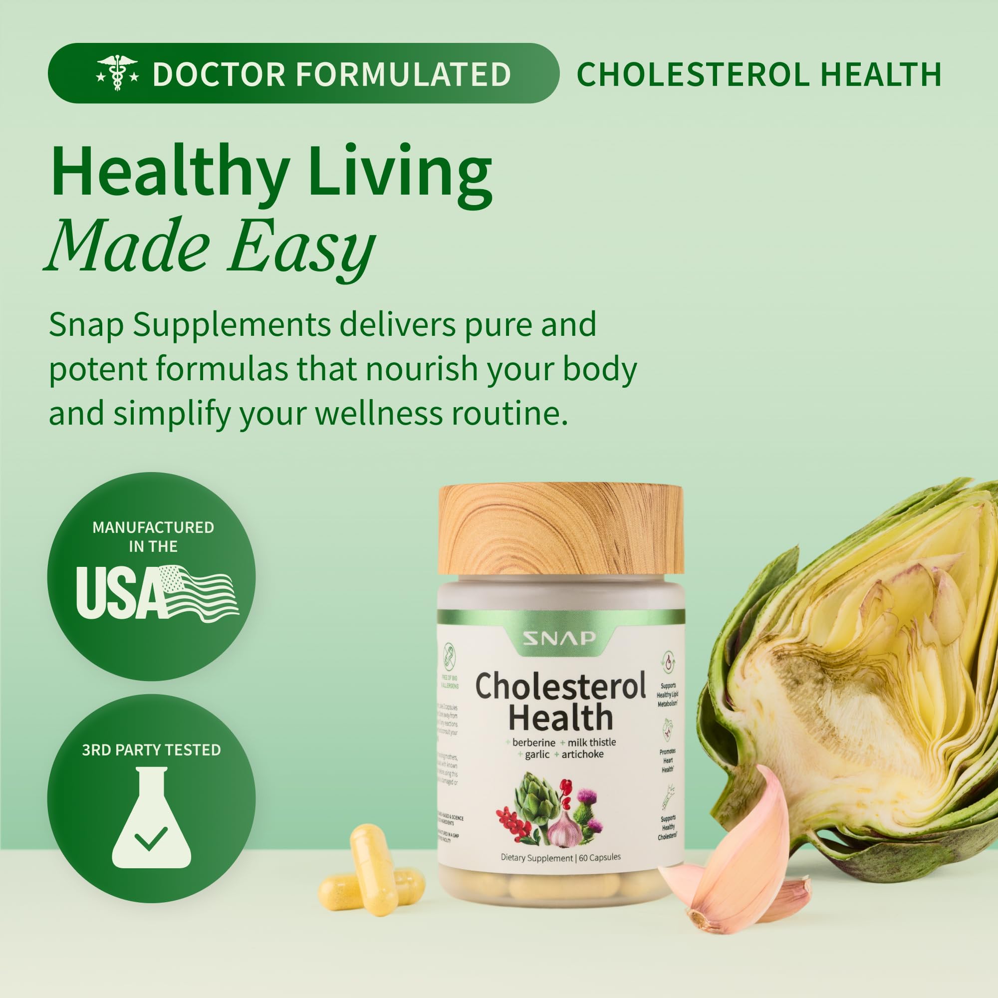 Snap Supplements Cholesterol Health close-up capsules on vegan-friendly formula.