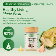 Snap Supplements Cholesterol Health close-up capsules on vegan-friendly formula.