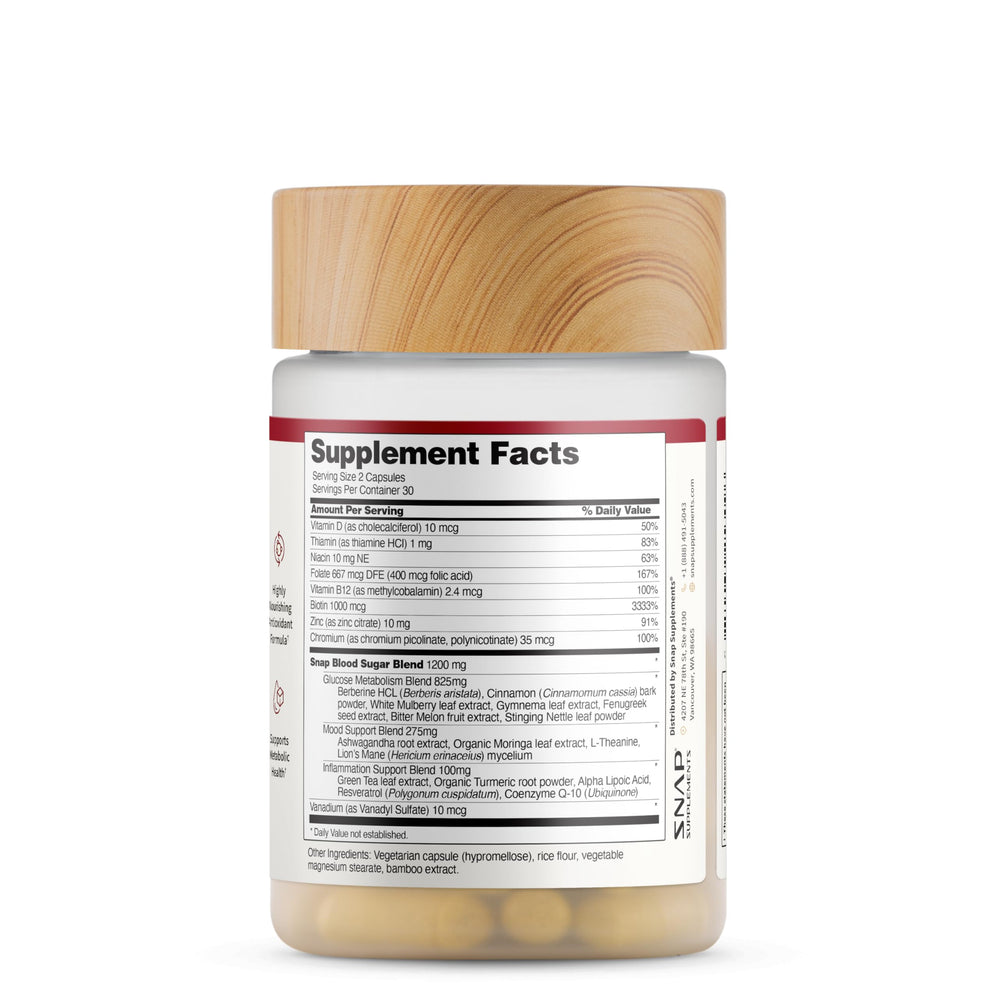 Snap Supplements Cinnamon-Gymnema illustration highlights natural ingredients for metabolic function.
