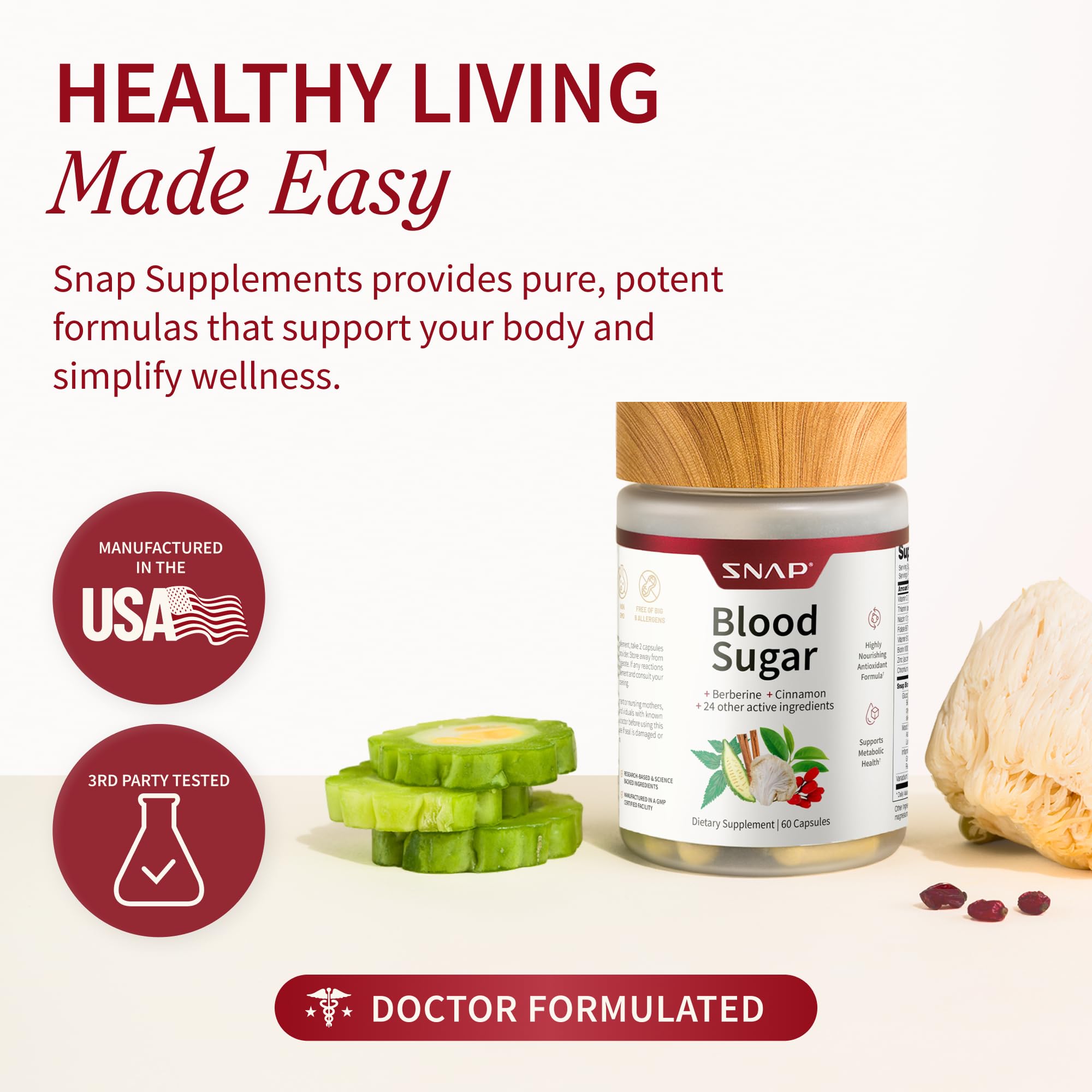 Snap Supplements daily-use routine with vegan capsules beside a meal.