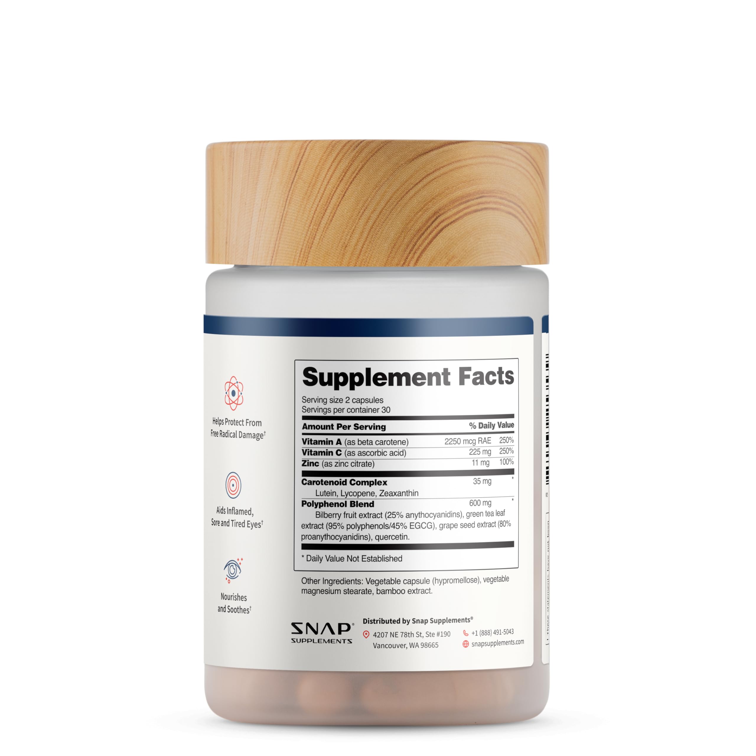 Snap Supplements Eye Health 60-count packaging displayed on shelf.