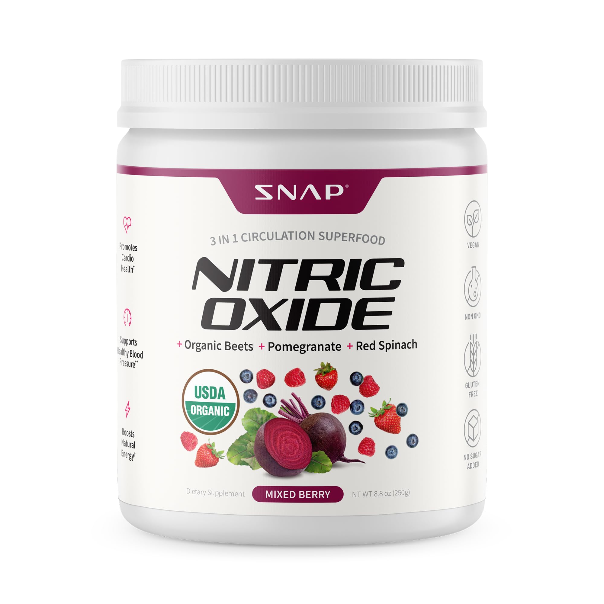 Snap Supplements gluten-free vegan badge with premium ingredients.