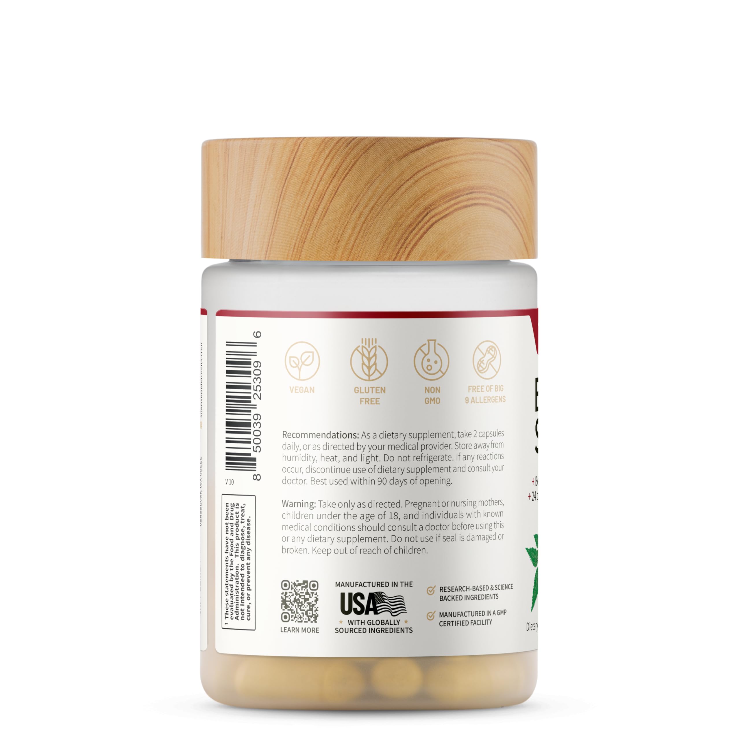 Snap Supplements non-GMO vegan gluten-free icons on label.