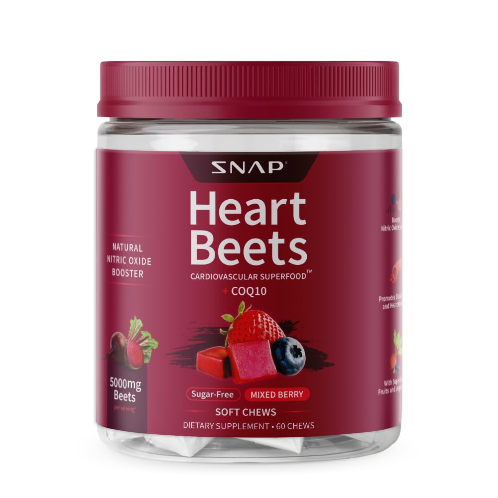 Snap Supplements Heart Beets jar shows beet power for circulation support.