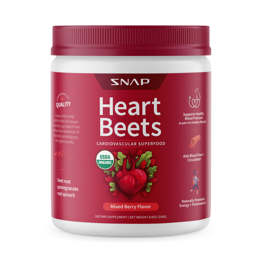 Snap Supplements Heart Beets powder tub supports cardio health.