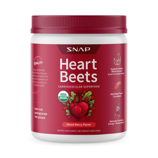 Snap Supplements Heart Beets powder tub supports cardio health.