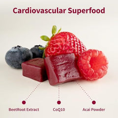 Snap Supplements Heart Beets soft chews close-up highlighting beetroot and CoQ10 ingredients.