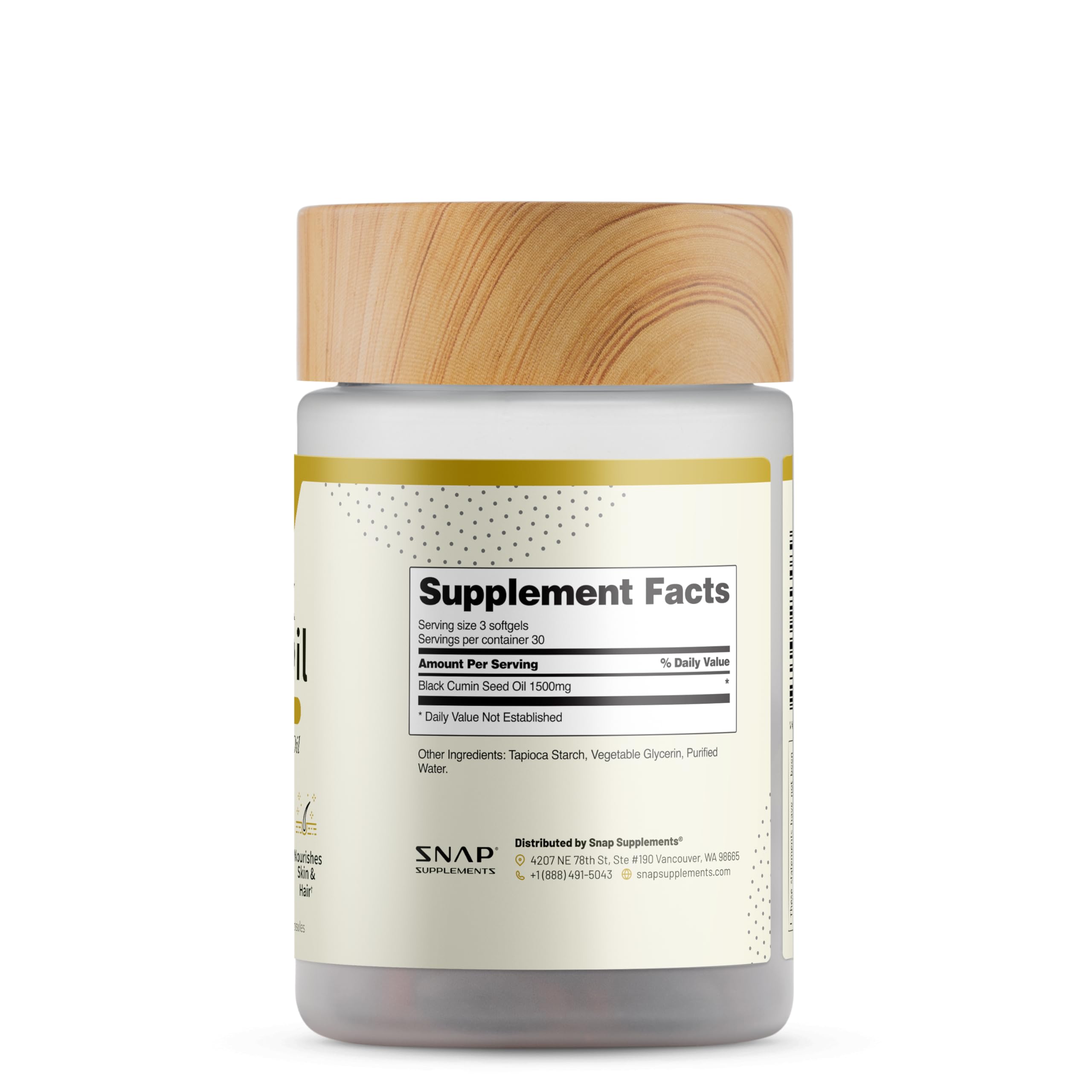 Snap Supplements immune-support bottle detailing organic, cold-pressed oil.