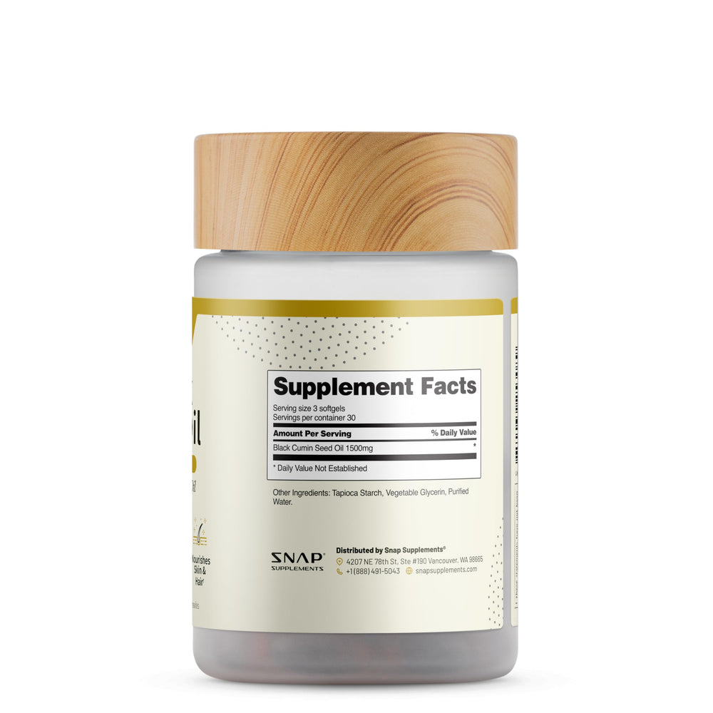 Snap Supplements immune-support bottle detailing organic, cold-pressed oil.