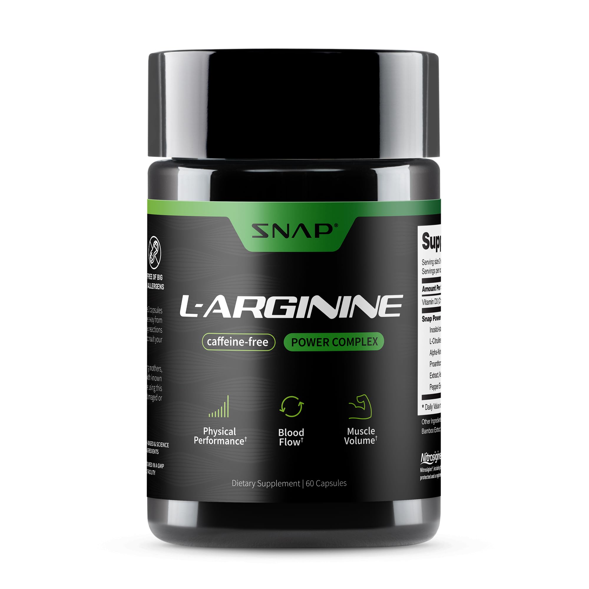 Snap Supplements L Arginine capsules bottle front highlighting circulation support.
