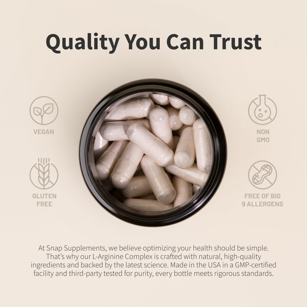 Snap Supplements L Arginine capsules in storage bottle for everyday routine.