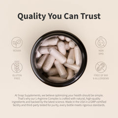 Snap Supplements L Arginine capsules in storage bottle for everyday routine.