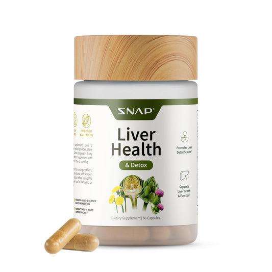 Snap Supplements liver health bottle with plant-based capsules for daily digestive balance