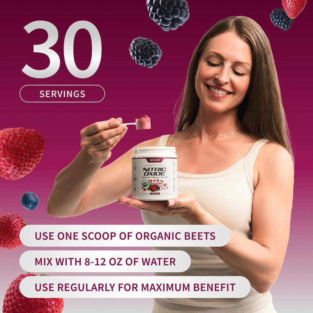 Snap Supplements mixed berry flavor powder ready to mix in water.