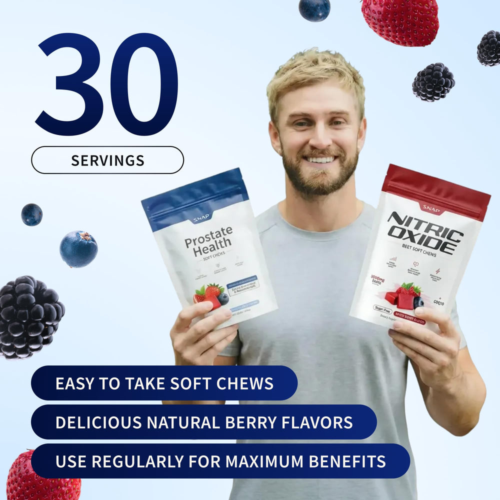 Snap Supplements Prostate Health soft chews closeup emphasizes berry flavor.