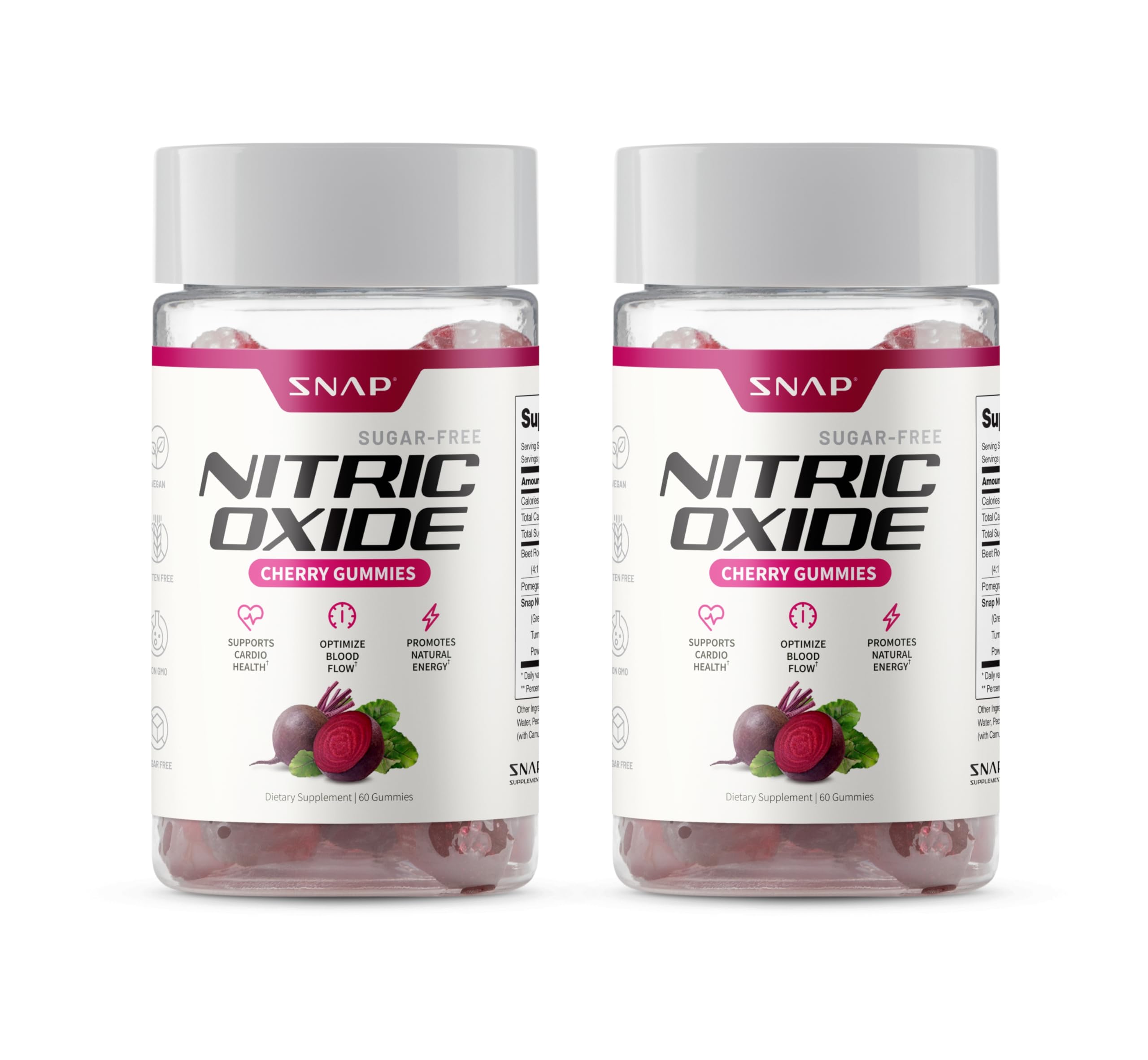 Snap Supplements Nitric Oxide Gummies cherry bottle with sugar-free beet root formula for energy