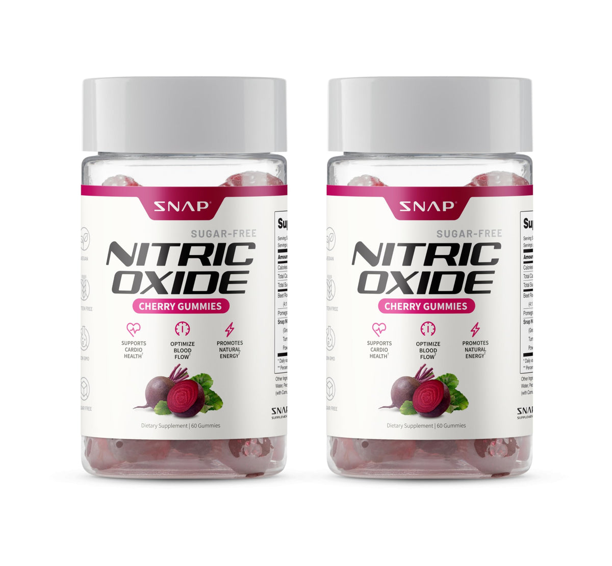 Snap Supplements Nitric Oxide Gummies cherry bottle with sugar-free beet root formula for energy