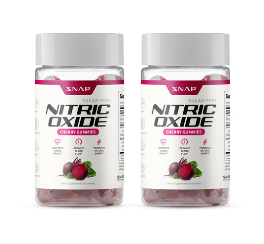 Snap Supplements Nitric Oxide Gummies cherry bottle with sugar-free beet root formula for energy