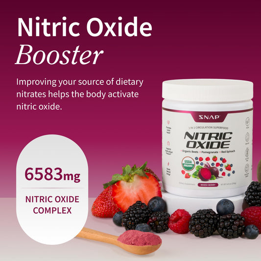 Snap Supplements nitric oxide powder with scoop illustrating convenient daily use.