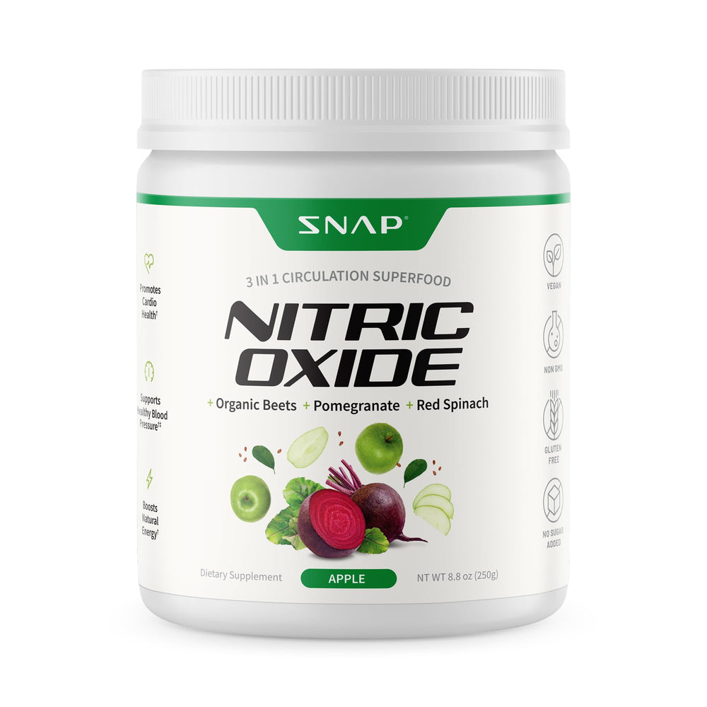 Snap Supplements organic beet root powder bottle showcases vegan nitric oxide support for natural energy.