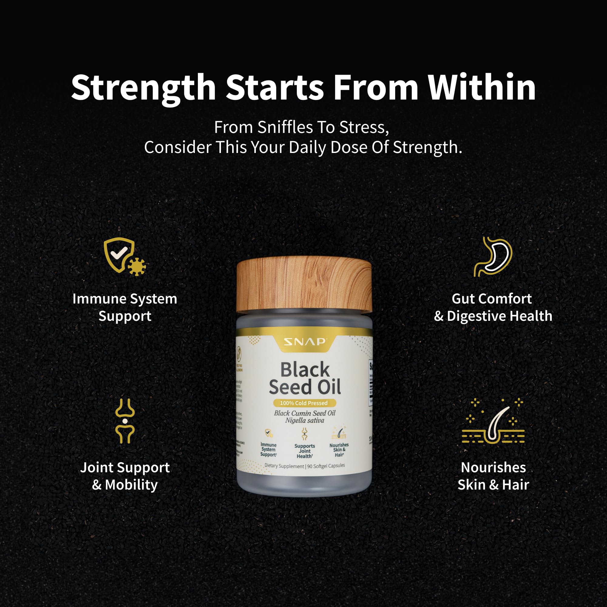 Snap Supplements organic Nigella seeds close-up show natural nutrition.