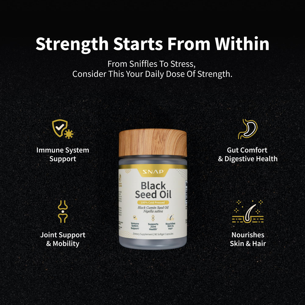 Snap Supplements organic Nigella seeds close-up show natural nutrition.