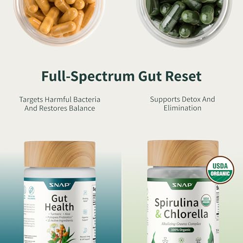 Snap Supplements Organic Spirulina Chlorella capsules neatly lined for plant based wellness
