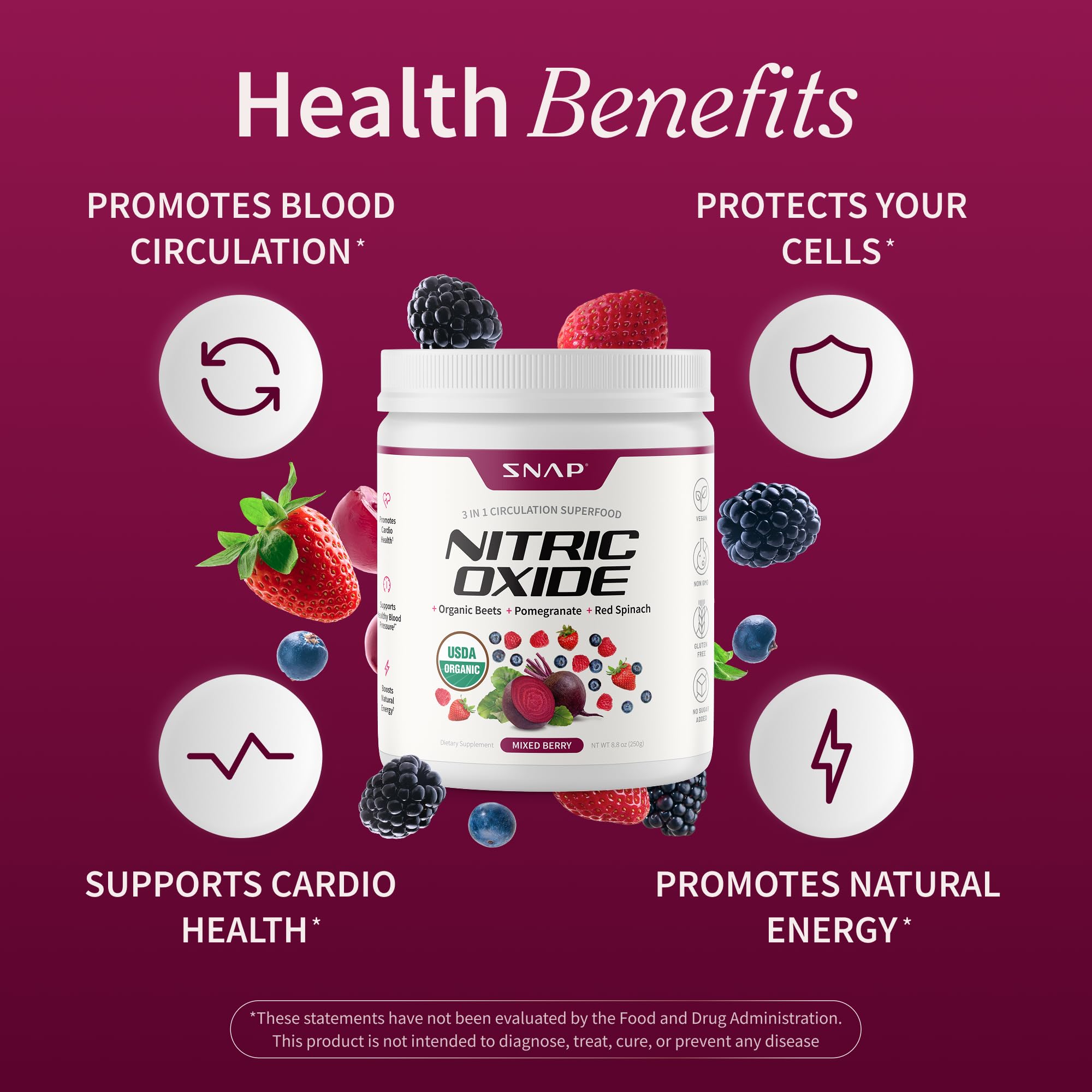 Snap Supplements pomegranate red spinach blend image emphasizing antioxidant-rich formula.
