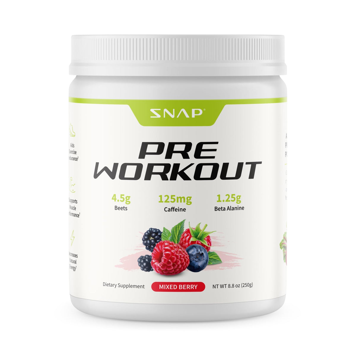 Snap Supplements Pre Workout beet root powder tub for energy during workouts.