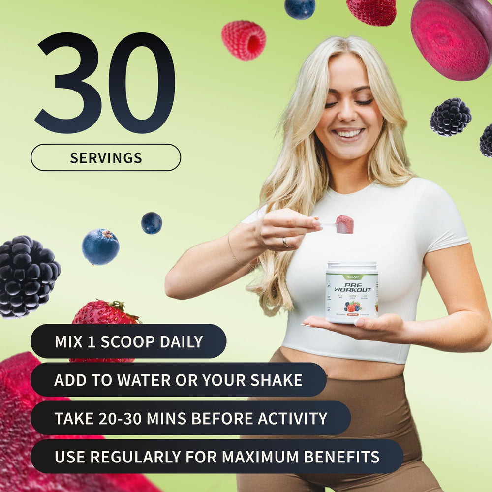 Snap Supplements Pre-Workout vegan and non-GMO logos indicate clean ingredients.