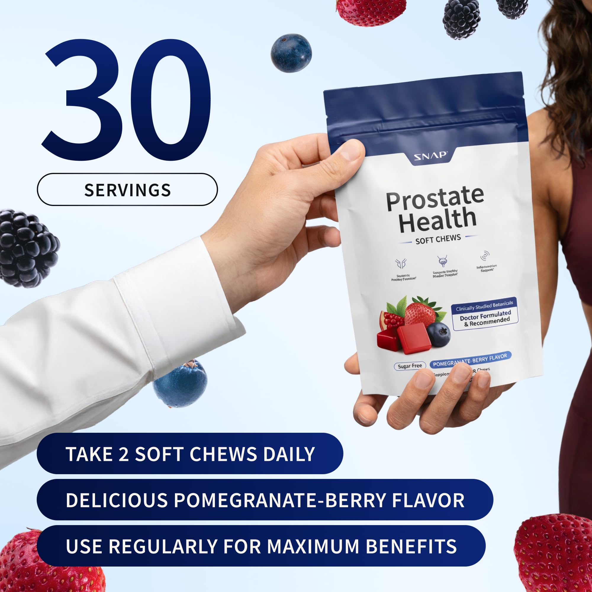Snap Supplements Prostate Health bottle label emphasizing vegan and allergen-free formula.