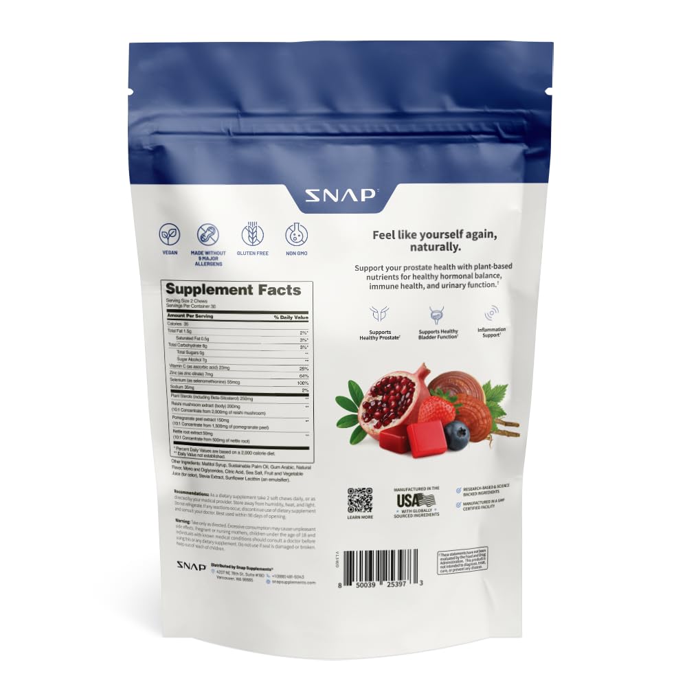 Snap Supplements Prostate Health daily dosing between meals with glass of water.