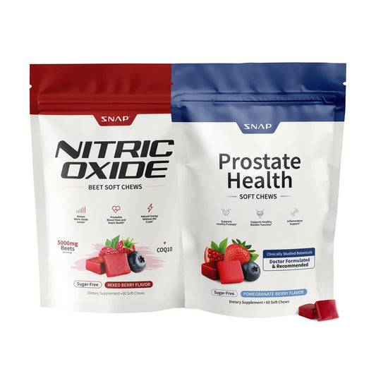 Snap Supplements Prostate Health soft chews bottle closeup for daily urinary wellness.