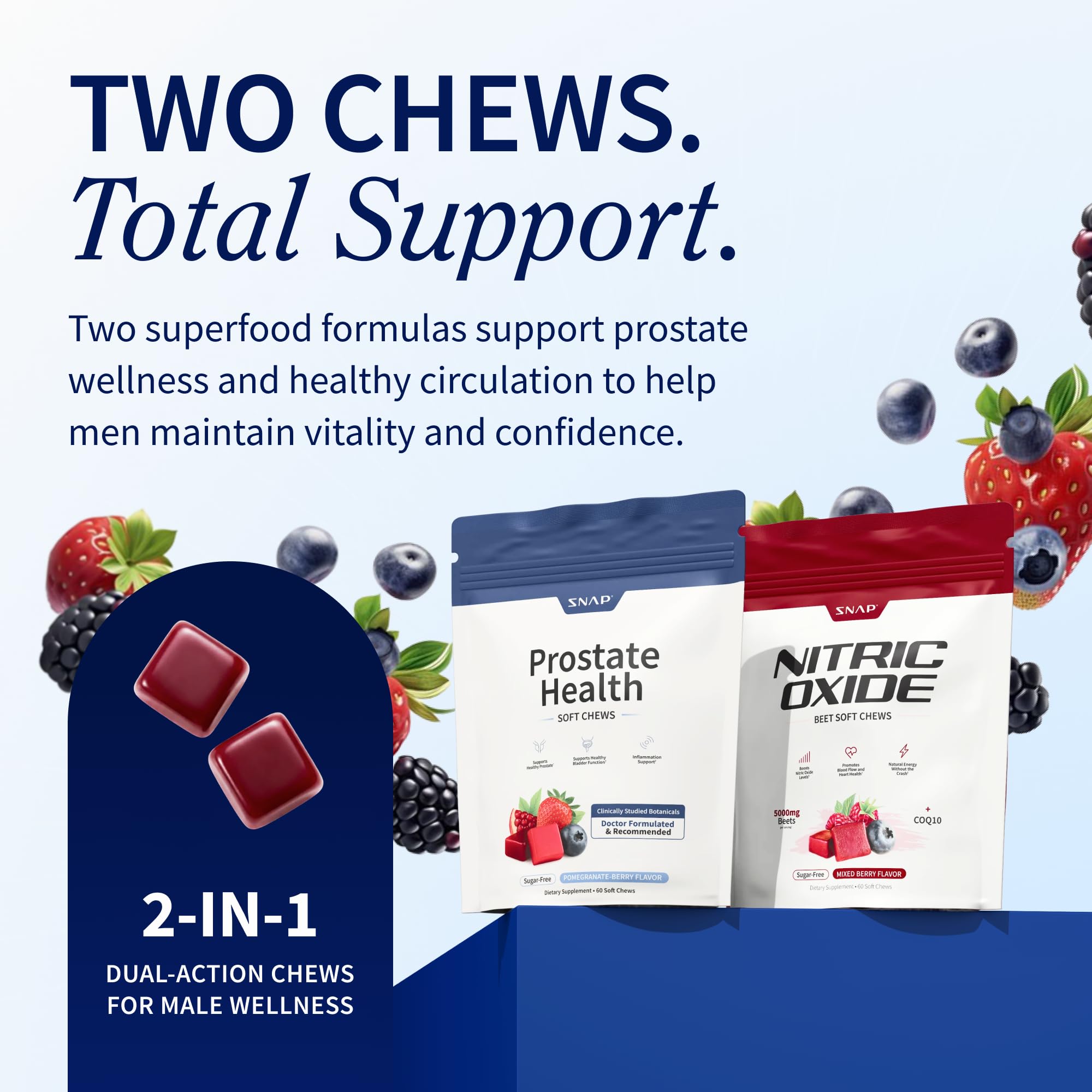 Snap Supplements Prostate Health soft chews packaging shows high-potency formula for daily wellness.