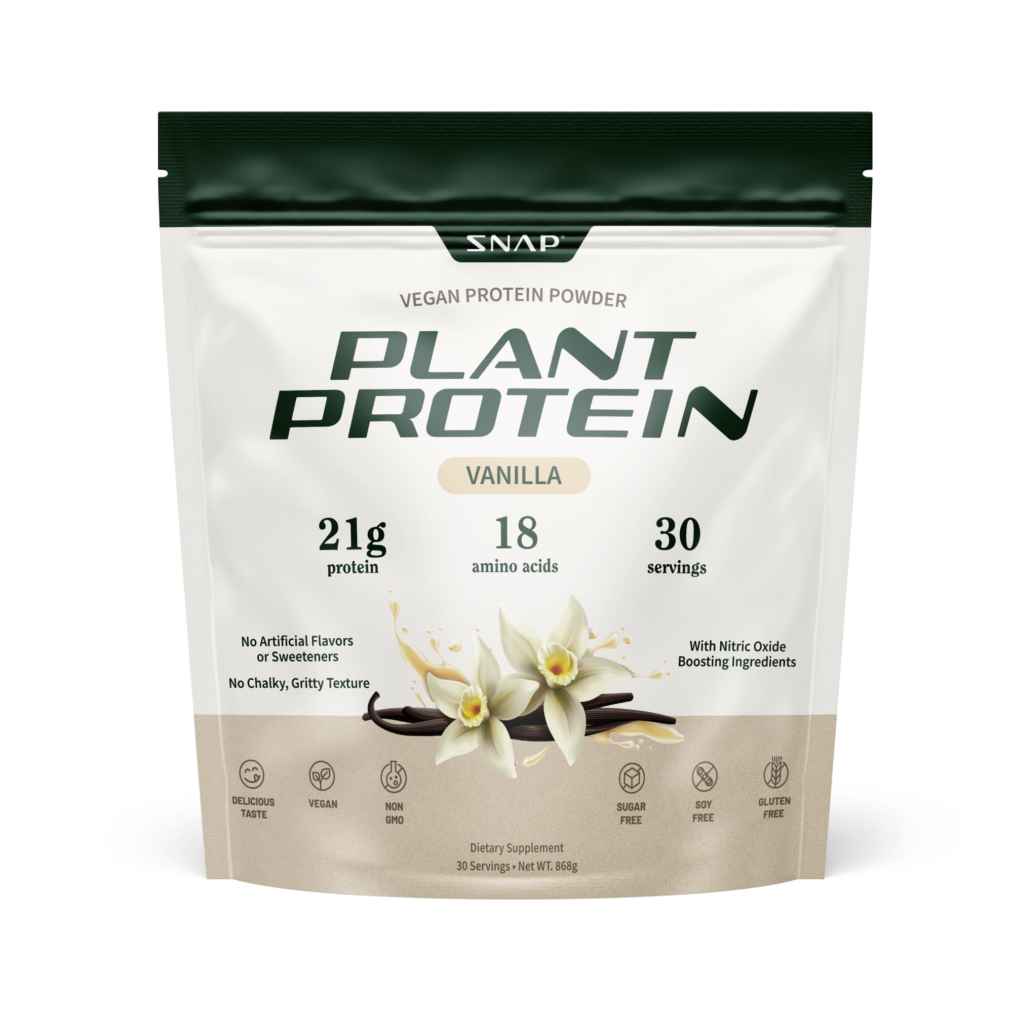 Snap Supplements Vanilla Protein Bottle Front, vegan protein for workouts.