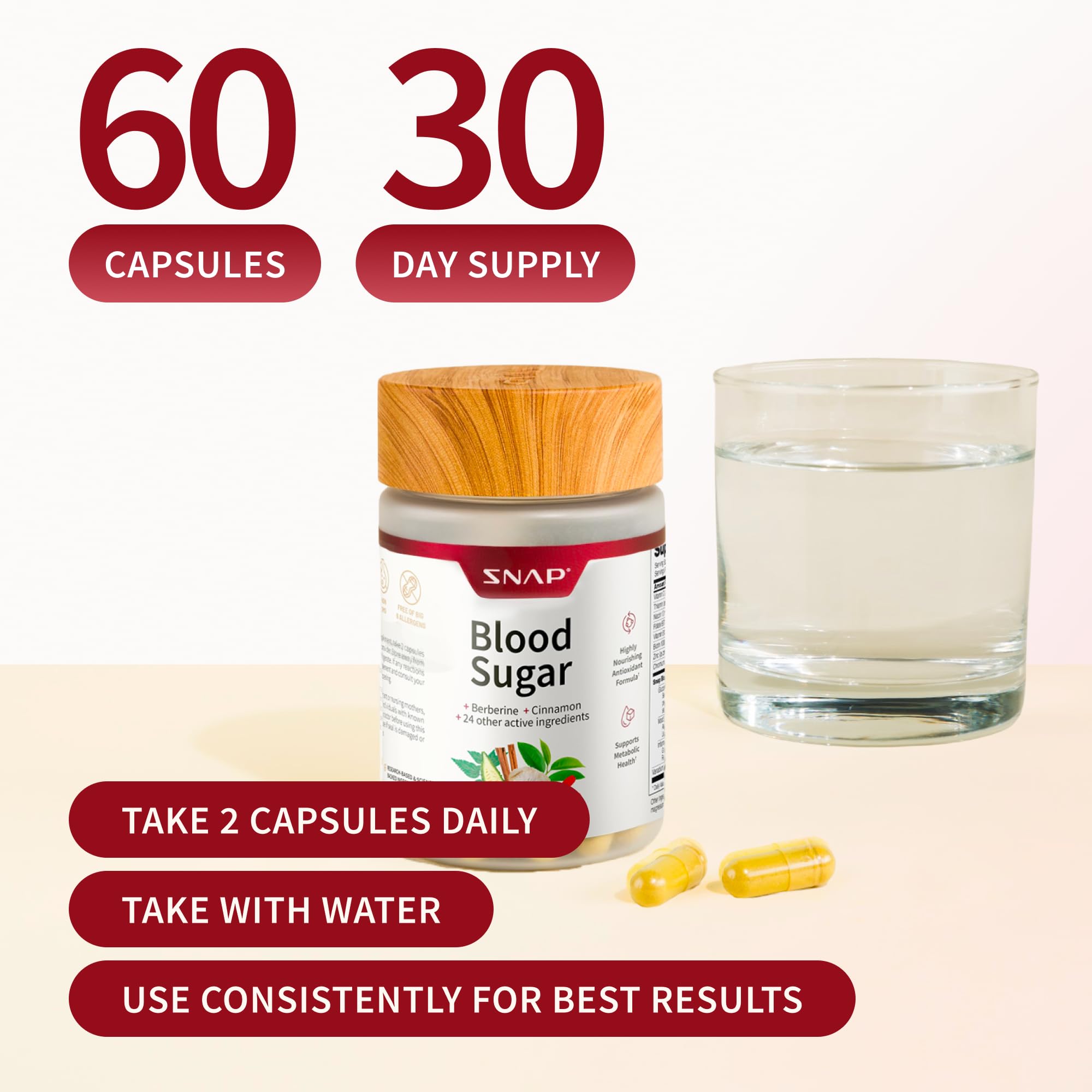 Snap Supplements vegan capsules on table emphasize plant-based daily wellness.