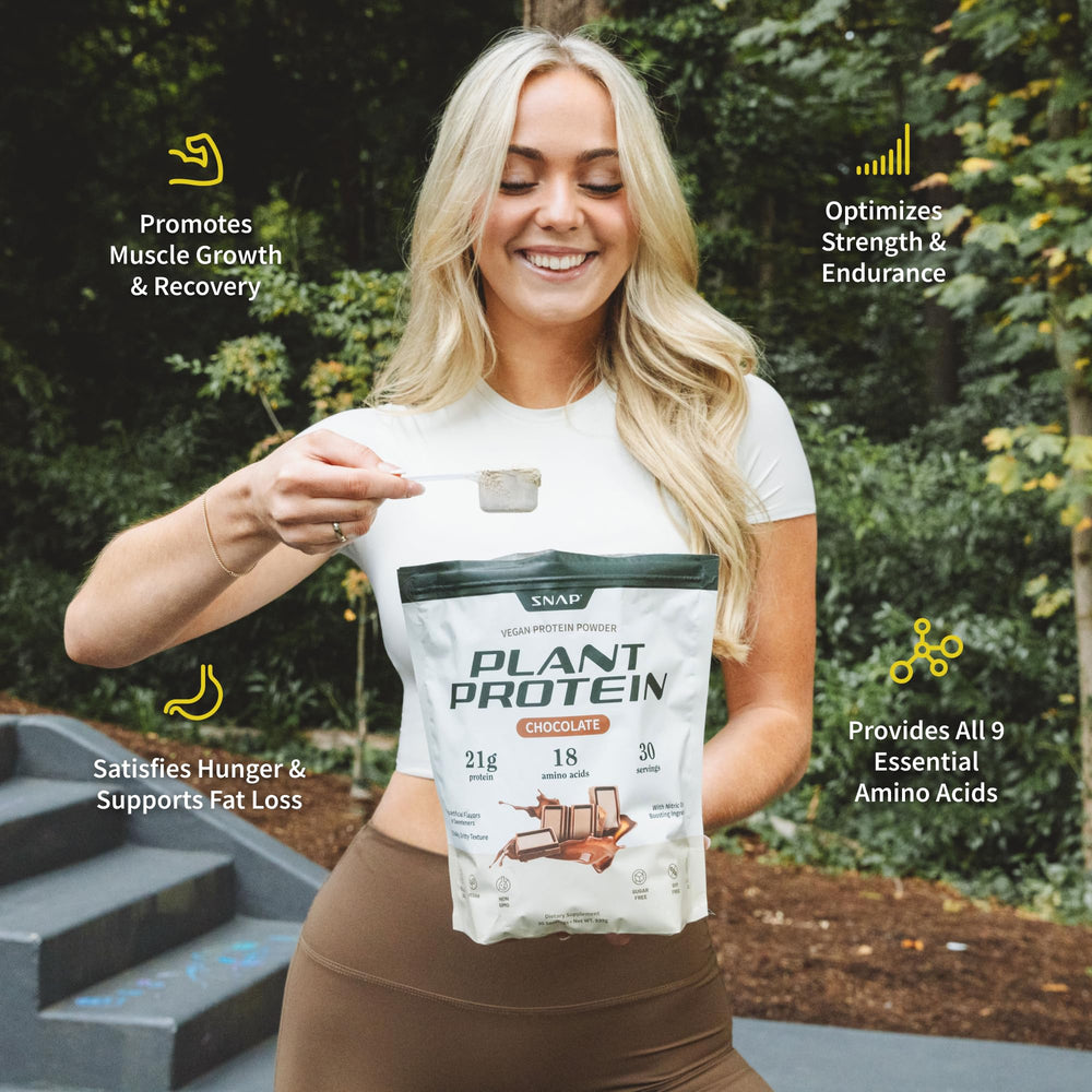 Snap Supplements vegan protein chocolate label closeup highlighting ingredients