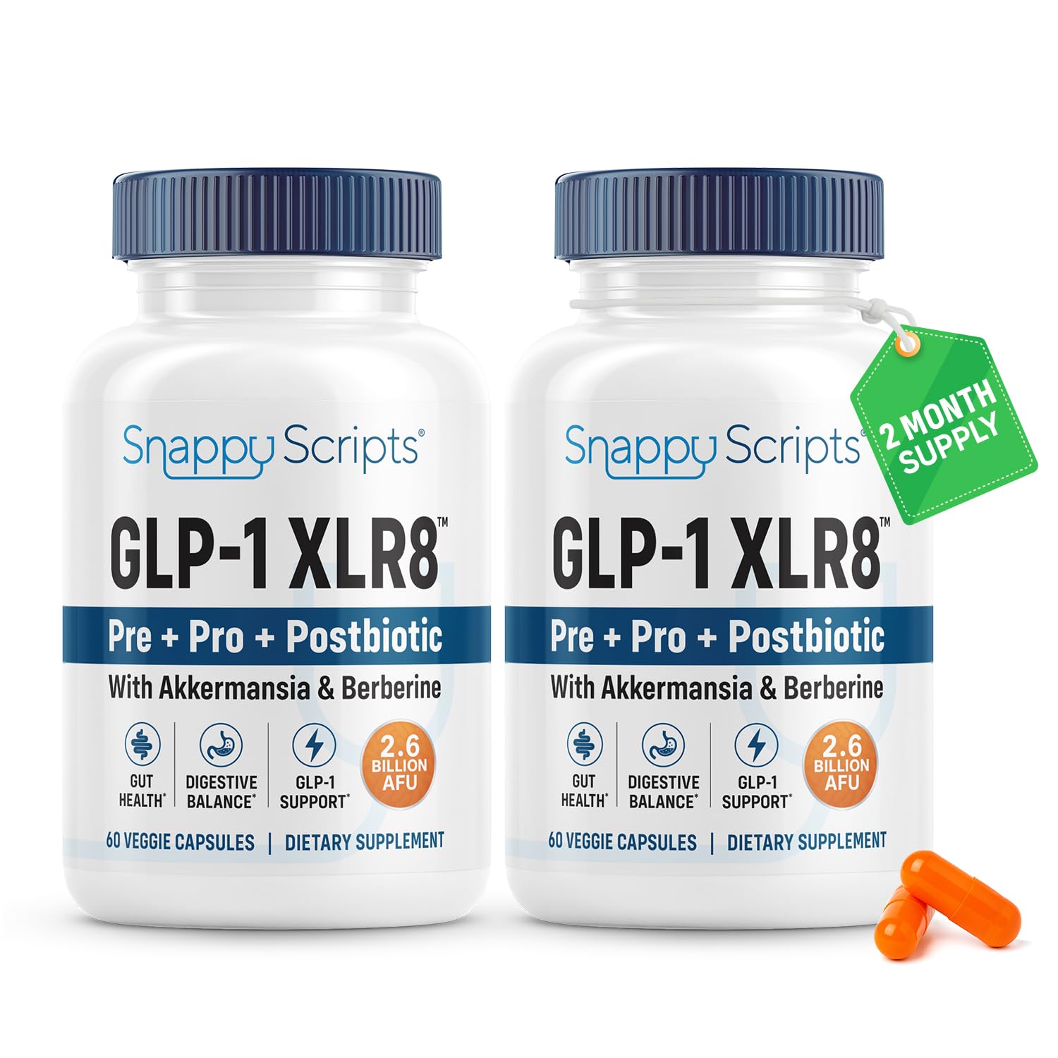 Snappy Scripts GLP-1 XLR8 bottle front with clear label for easy daily dosing.