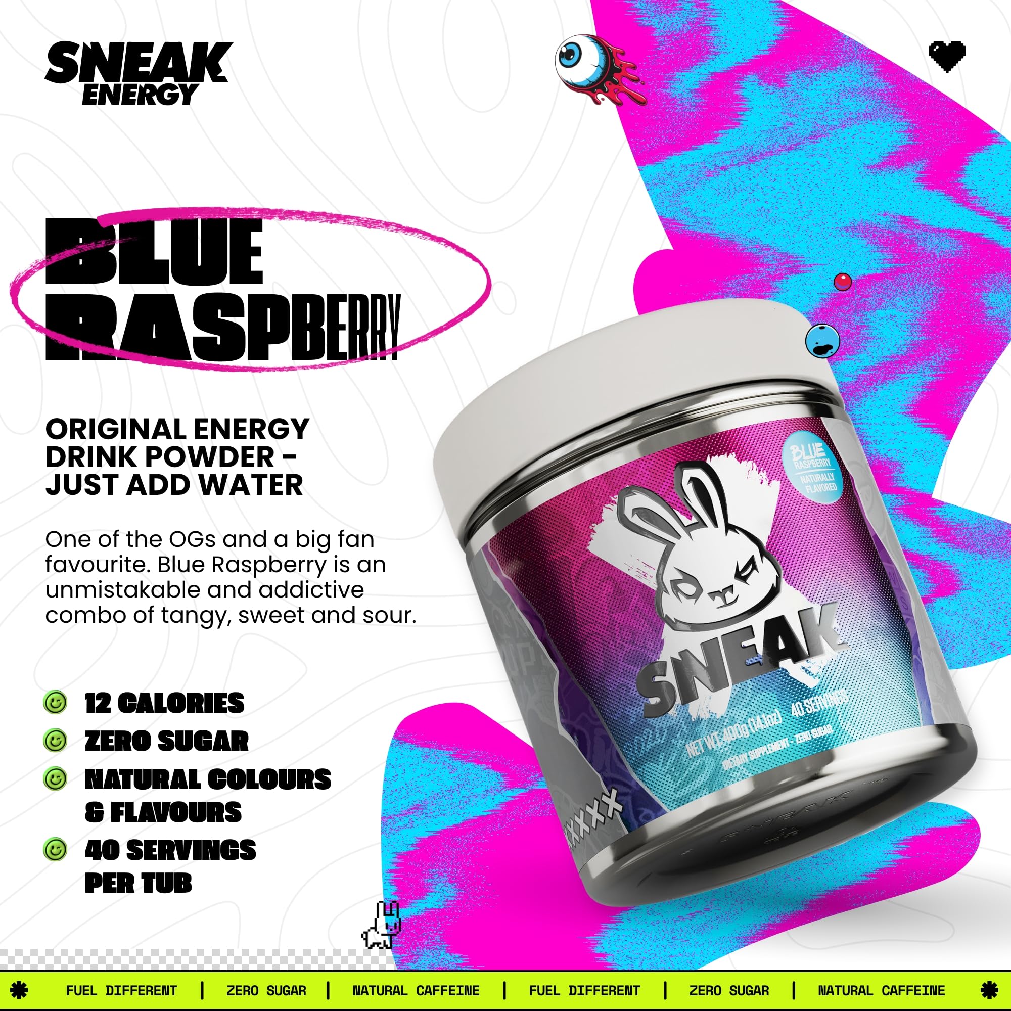 SNEAK Blue Raspberry powder mixing glass shows easy preparation and flavor control
