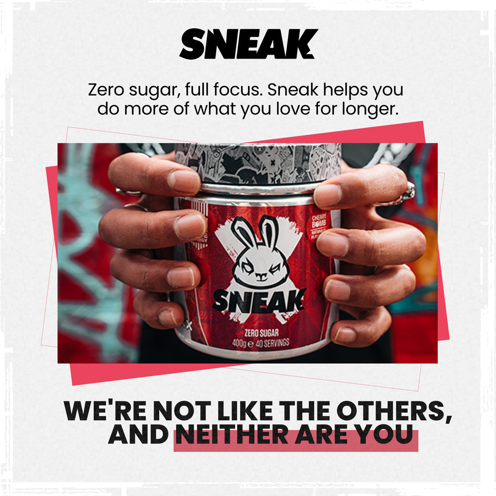 SNEAK Cherry Bomb packaging box emphasizes no sugar and natural caffeine.