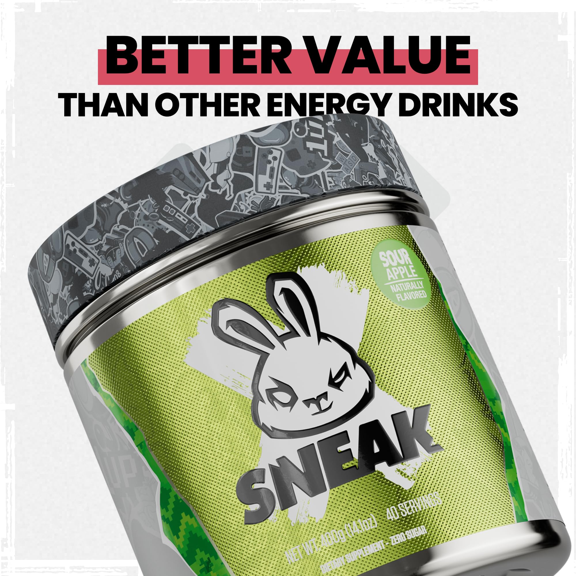 SNEAK Sour Apple servings tub open, ideal for on-the-go energy