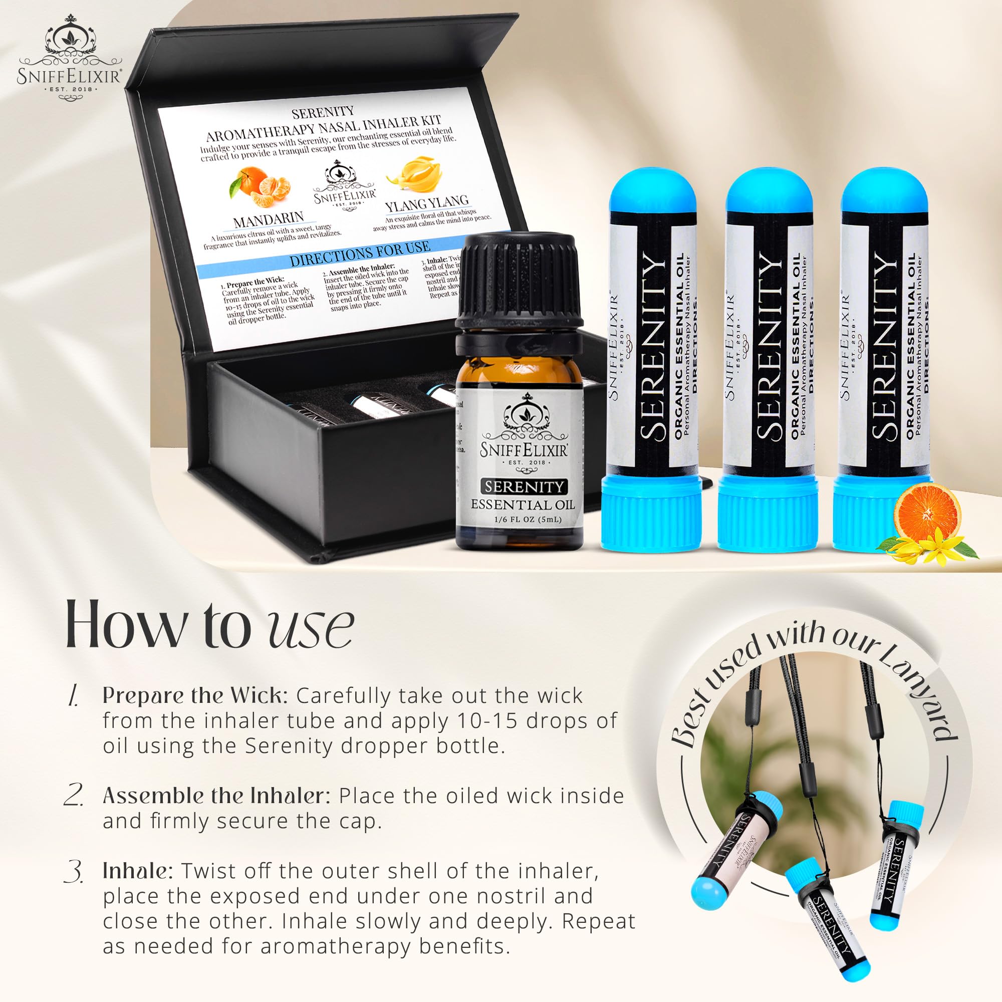 SniffElixir Serenity essential oil blend bottle for mood calm.